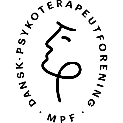 Jens E. Mortensen Sort stregtegning af en minimalistisk ansigtsprofil med "Dansk Psykoterapeutforening MPF" skrevet omkring, der fanger essensen af terapi i Århus.
